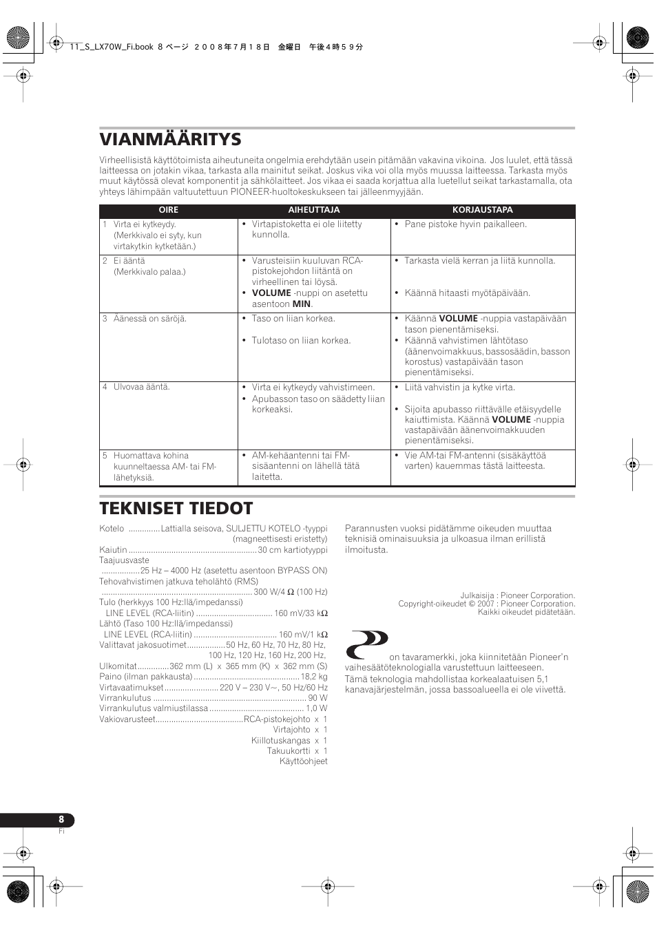 Vianmääritys tekniset tiedot, Vianmääritys, Tekniset tiedot | Pioneer S-LX70W User Manual | Page 88 / 99