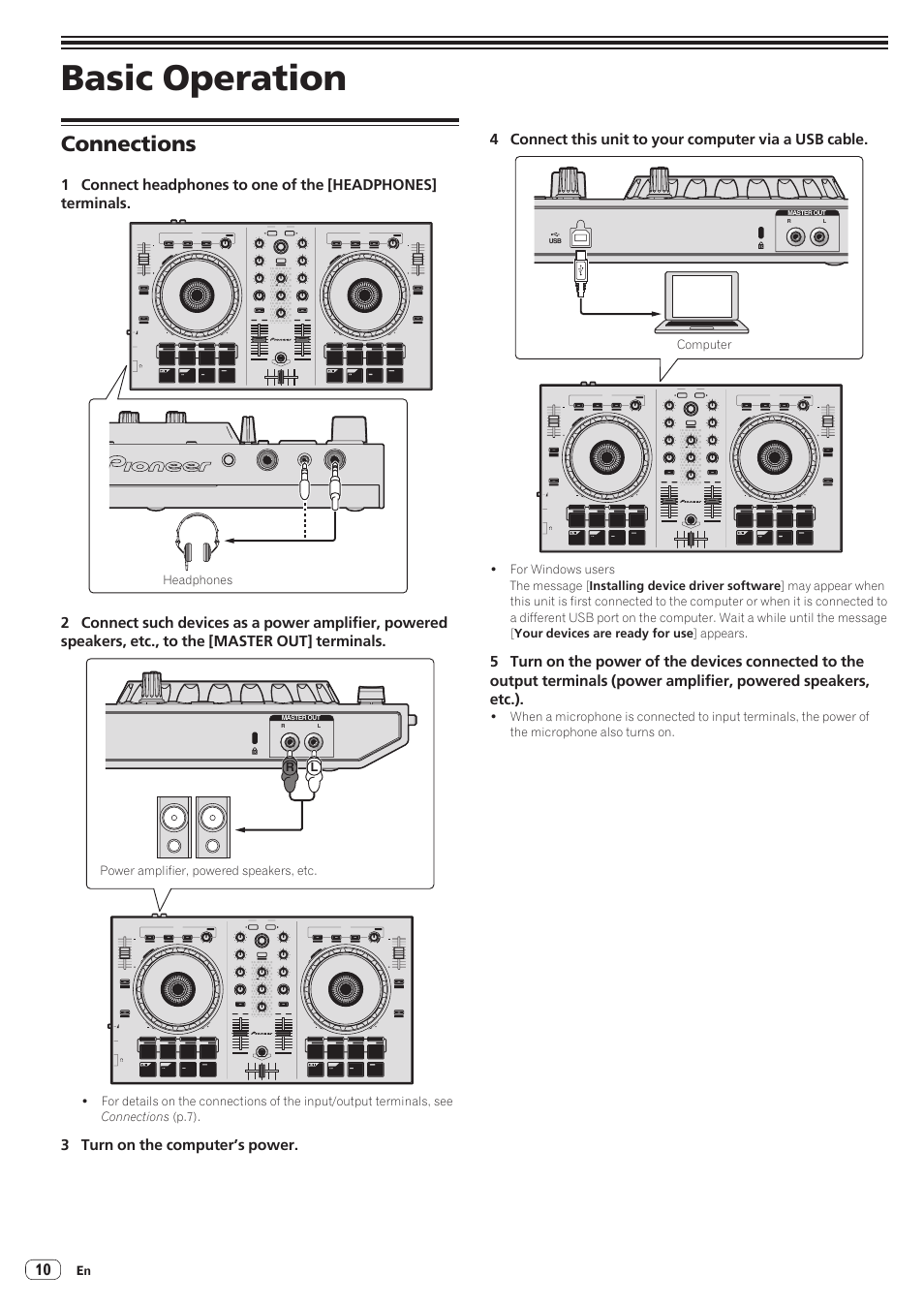 Basic operation, Connections | Pioneer DDJ-SB User Manual | Page 10 / 22