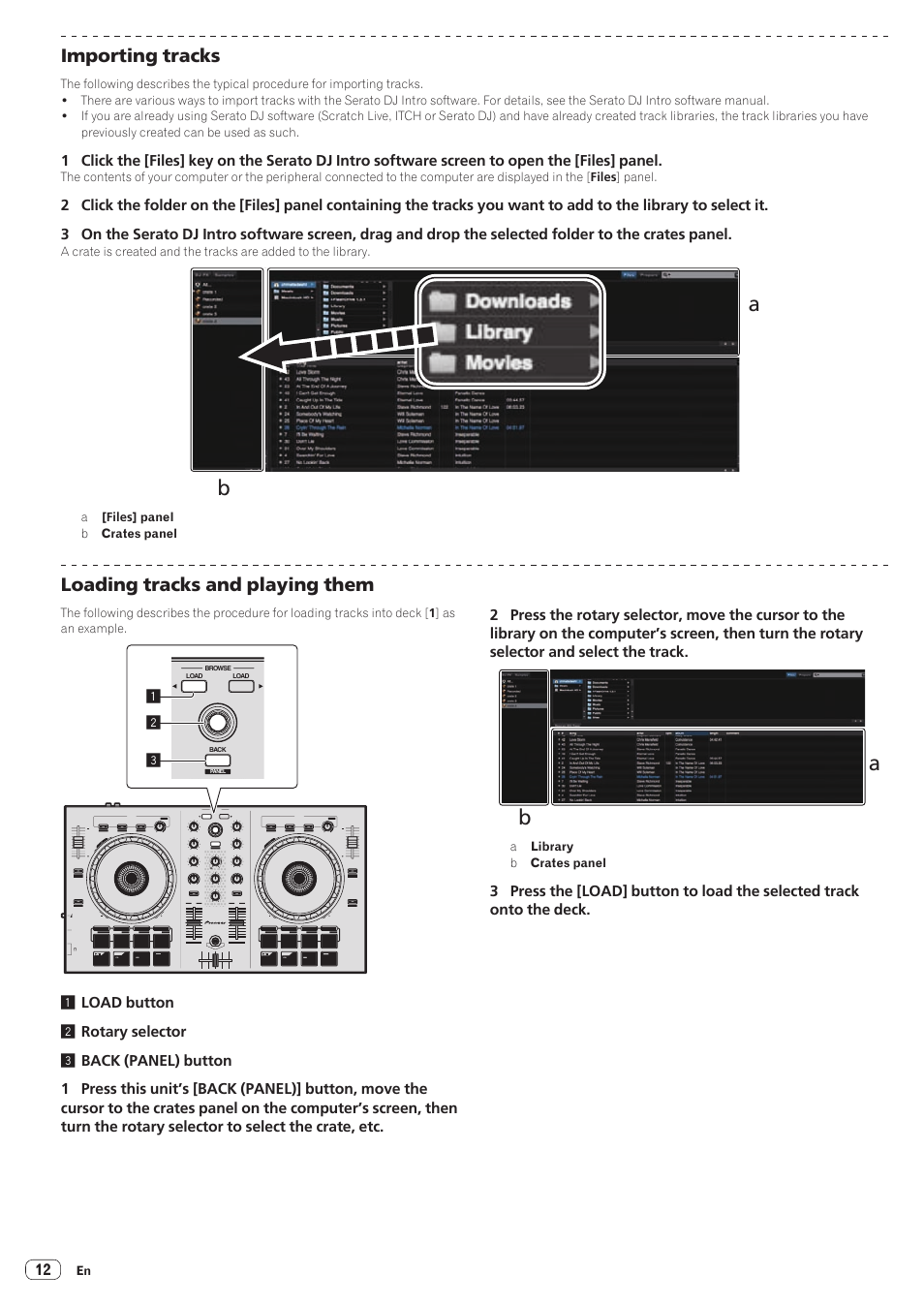 Importing tracks, Loading tracks and playing them | Pioneer DDJ-SB User Manual | Page 12 / 22