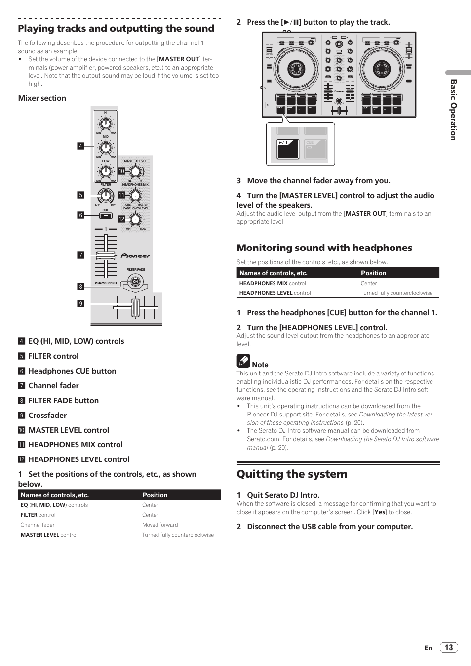 Quitting the system, Playing tracks and outputting the sound, Monitoring sound with headphones | 13 basic operation, 2 press the [ f ] button to play the track, 1 quit serato dj intro, 2 disconnect the usb cable from your computer | Pioneer DDJ-SB User Manual | Page 13 / 22