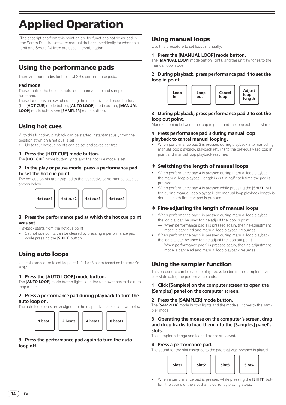 Applied operation, Using the performance pads, Using hot cues | Using auto loops, Using manual loops, Using the sampler function | Pioneer DDJ-SB User Manual | Page 14 / 22