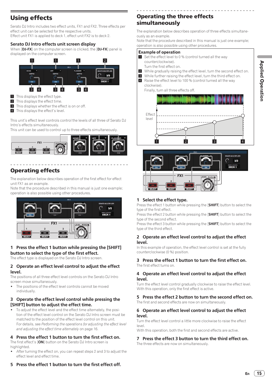 Using effects, Operating effects, Operating the three effects simultaneously | 15 applied operation | Pioneer DDJ-SB User Manual | Page 15 / 22