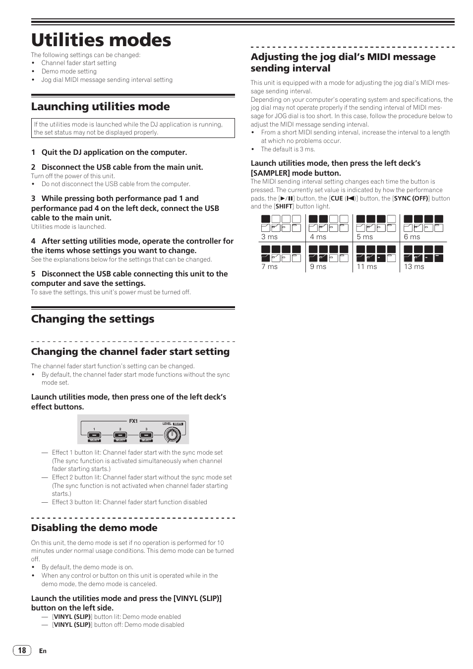 Utilities modes, Launching utilities mode, Changing the settings | Launching utilities mode changing the settings, Changing the channel fader start setting, Disabling the demo mode | Pioneer DDJ-SB User Manual | Page 18 / 22