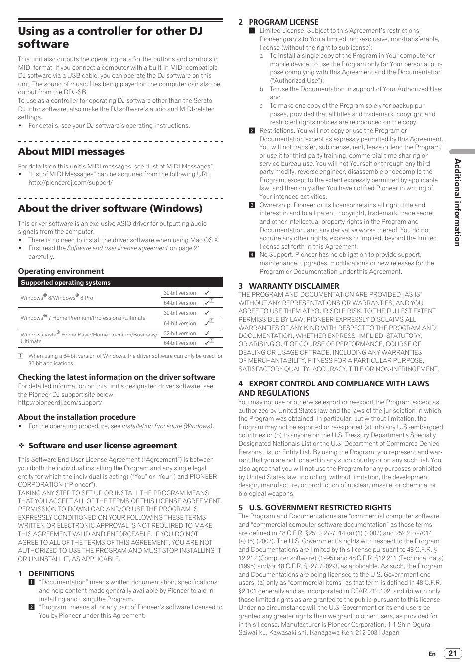 Using as a controller for other dj software, About midi messages, About the driver software (windows) | 21 additional information | Pioneer DDJ-SB User Manual | Page 21 / 22