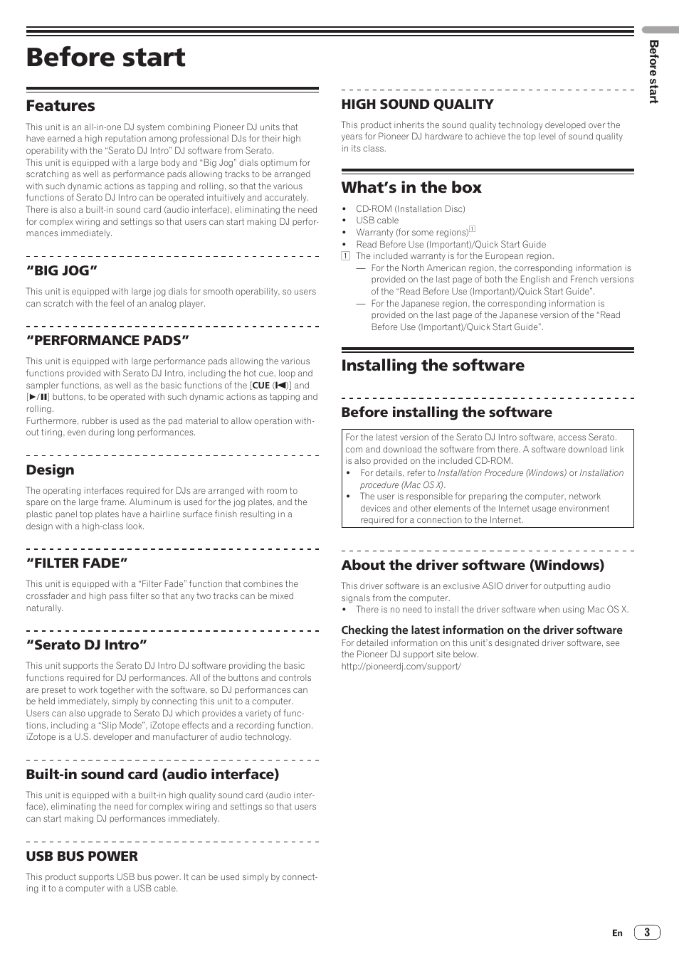 Before start, Features, What’s in the box | Installing the software, Features what’s in the box installing the software, Big jog, Performance pads, Design, Filter fade, Serato dj intro | Pioneer DDJ-SB User Manual | Page 3 / 22