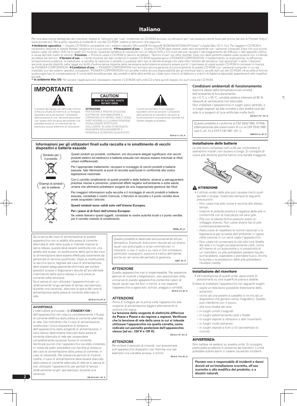 Guida di avvio rapido, Home cinema kit, Importante | Italiano, Caution | Pioneer HTP-070 User Manual | Page 10 / 28