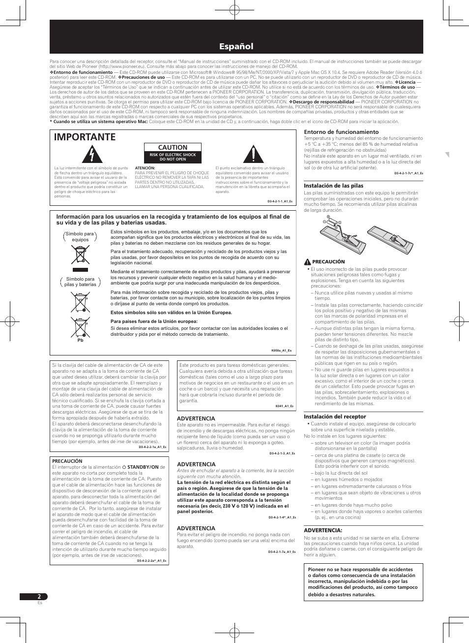 Guía de inicio rápido, Conjunto home theater, Importante | Español, Caution | Pioneer HTP-070 User Manual | Page 18 / 28