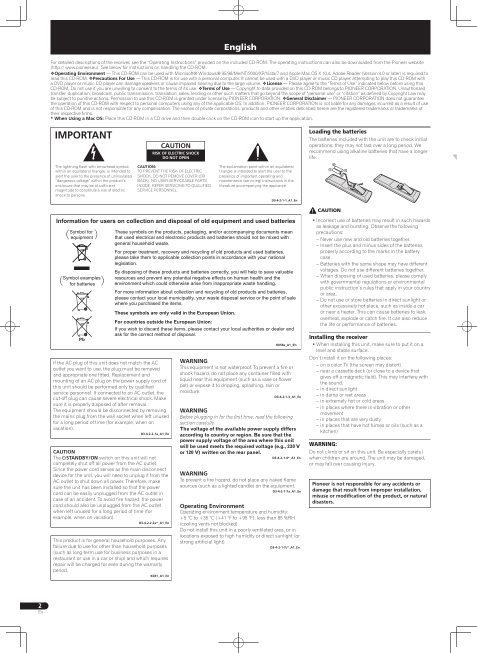 Quick start guide, Home cinema package, Important | English, Caution | Pioneer HTP-070 User Manual | Page 2 / 28