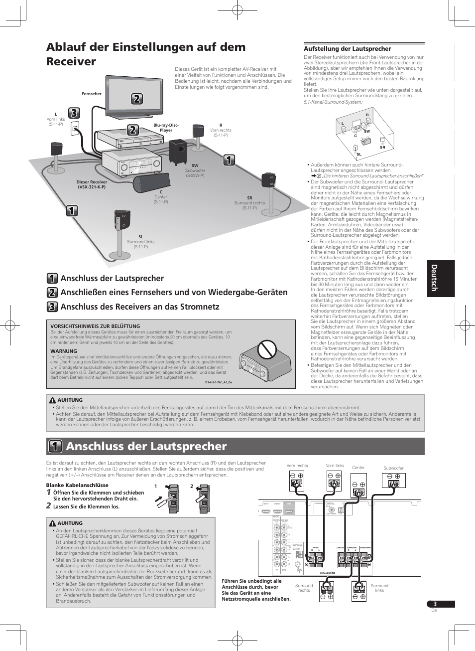 Anschluss der lautsprecher, Ablauf der einstellungen auf dem receiver, Aufstellung der lautsprecher | Pioneer HTP-070 User Manual | Page 23 / 28