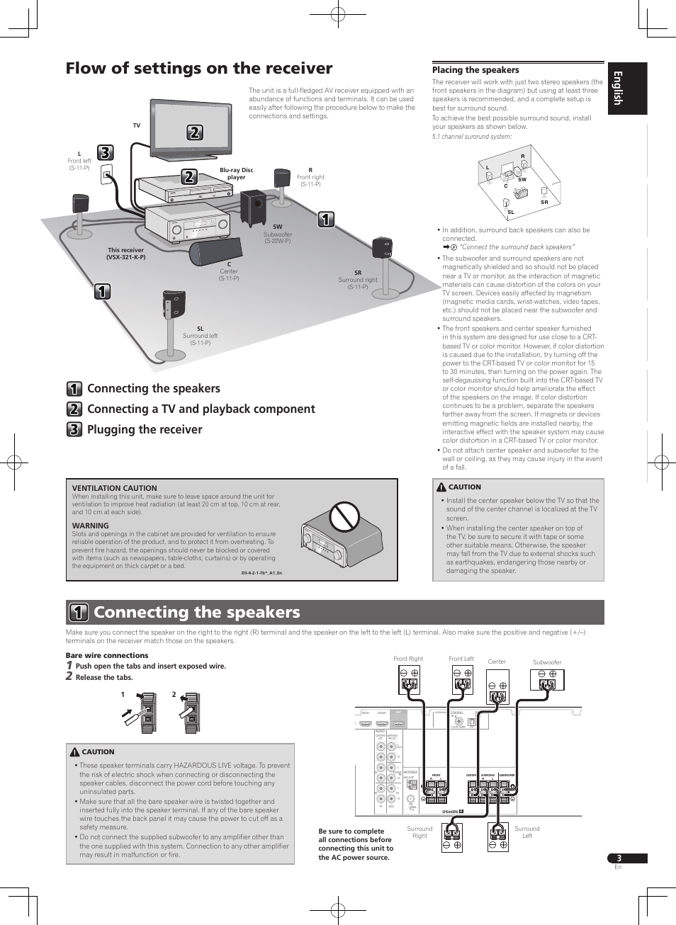 Connecting the speakers, Flow of settings on the receiver, Placing the speakers | Pioneer HTP-070 User Manual | Page 3 / 28