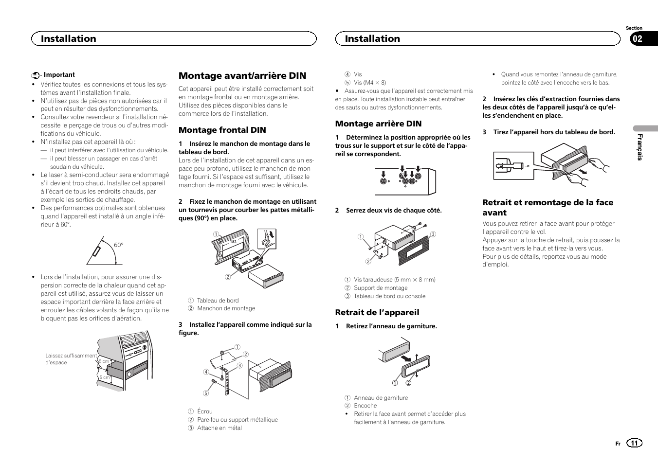 Montage avant/arrière din, Installation | Pioneer DEH-80PRS User Manual | Page 11 / 44