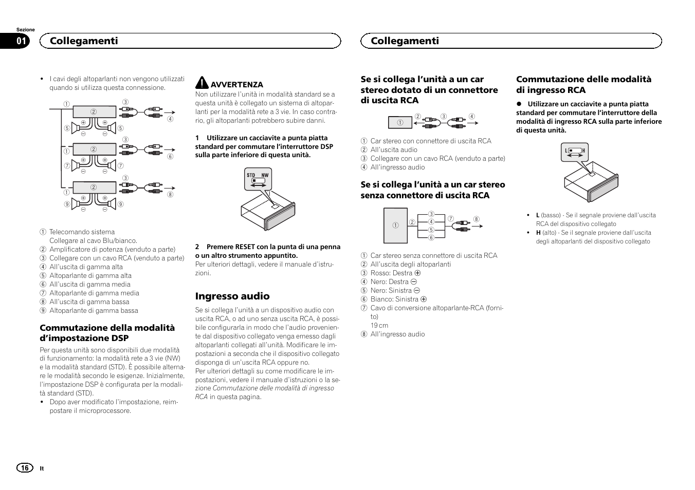 Commutazione della modalità d, Ingresso audio, Collegamenti | Pioneer DEH-80PRS User Manual | Page 16 / 44