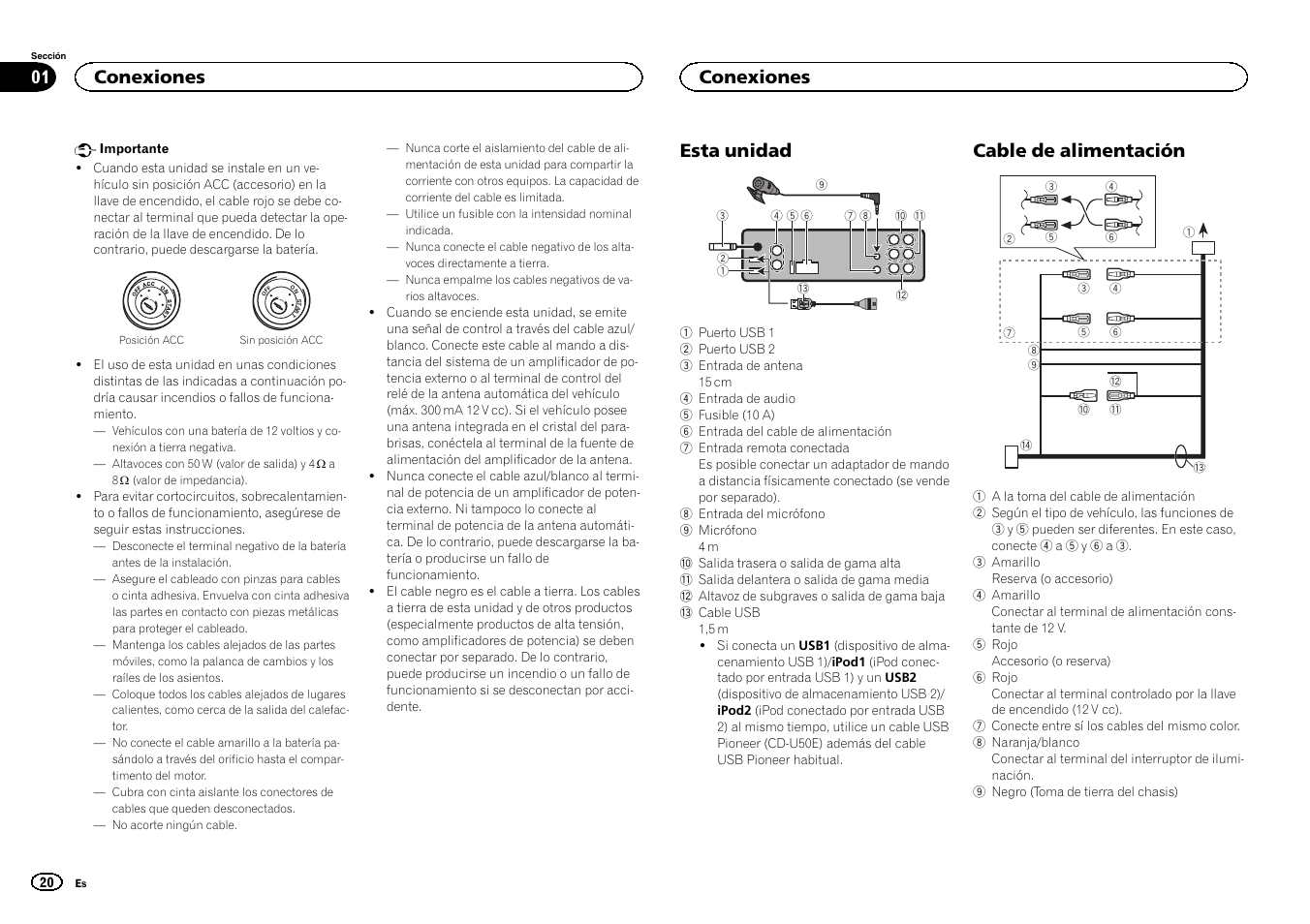 Español, Esta unidad, Cable de alimentación | Conexiones | Pioneer DEH-80PRS User Manual | Page 20 / 44