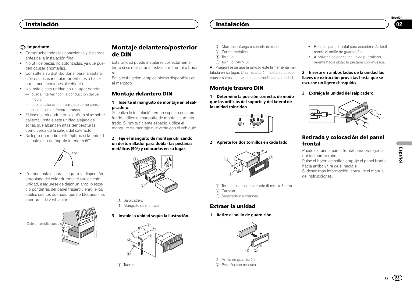 Montaje delantero/posterior de din, Instalación | Pioneer DEH-80PRS User Manual | Page 23 / 44