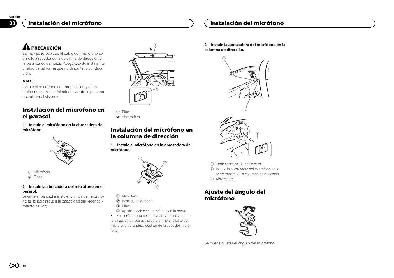 Instalación del micrófono en el parasol, Ajuste del ángulo del micrófono, Instalación del micrófono | Pioneer DEH-80PRS User Manual | Page 24 / 44