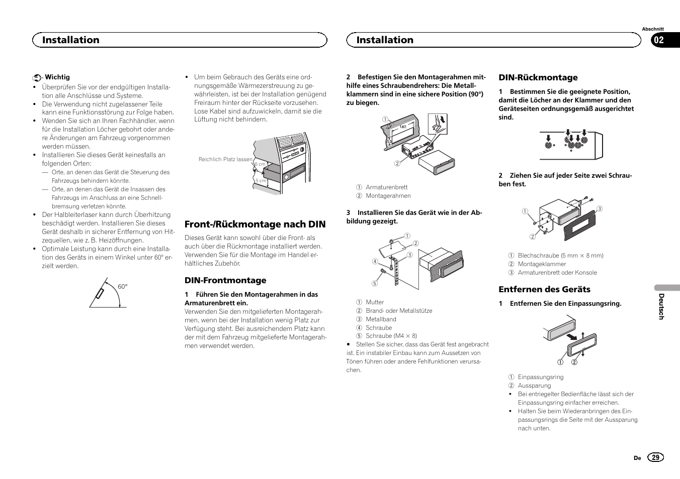 Front-/rückmontage nach din, Installation | Pioneer DEH-80PRS User Manual | Page 29 / 44