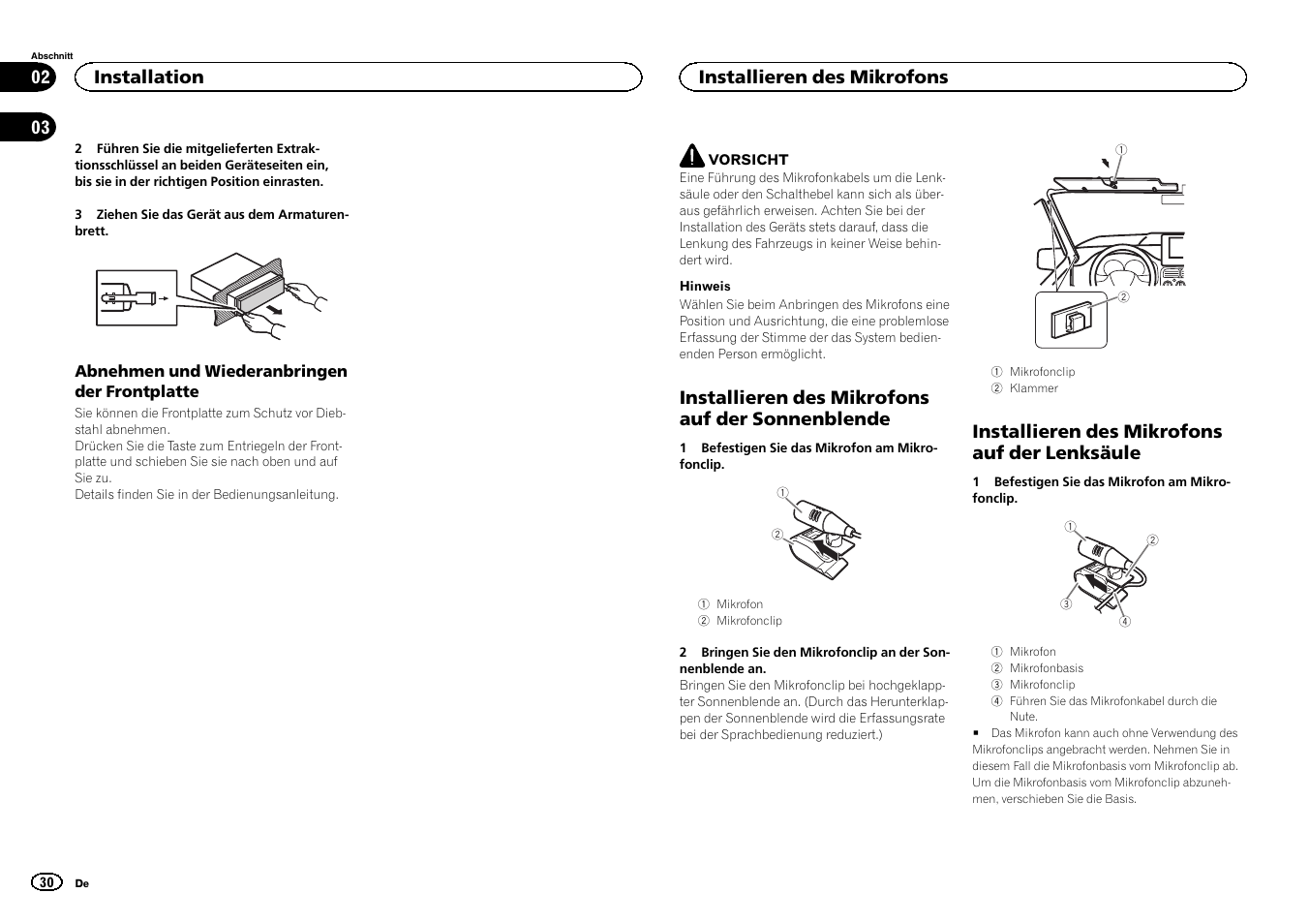 Installieren des mikrofons auf der sonnenblende, Installieren des mikrofons auf der lenksäule, Installation | Installieren des mikrofons | Pioneer DEH-80PRS User Manual | Page 30 / 44