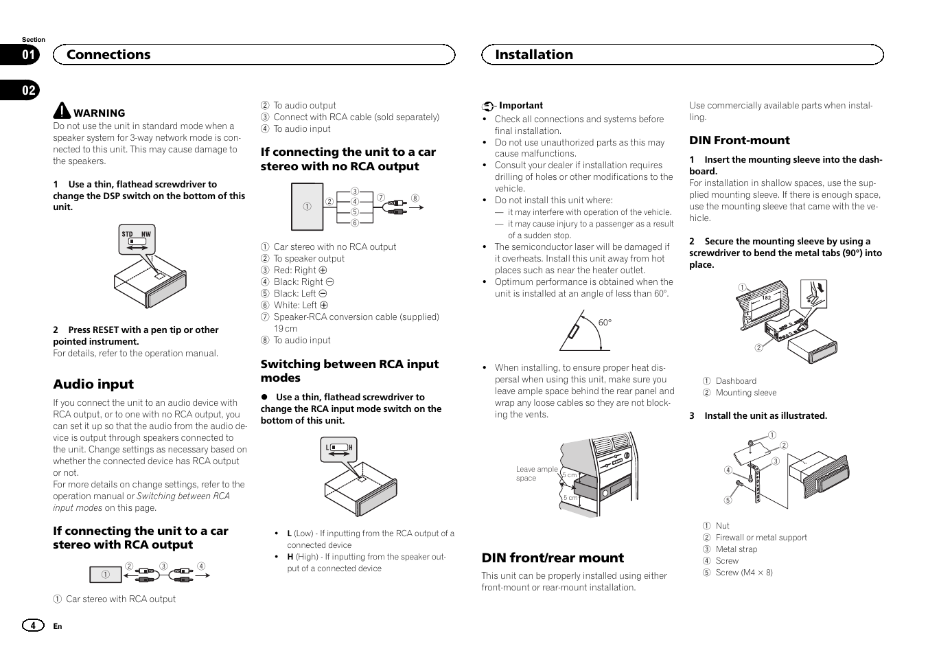 Audio input, Din front/rear mount, Connections | Installation | Pioneer DEH-80PRS User Manual | Page 4 / 44