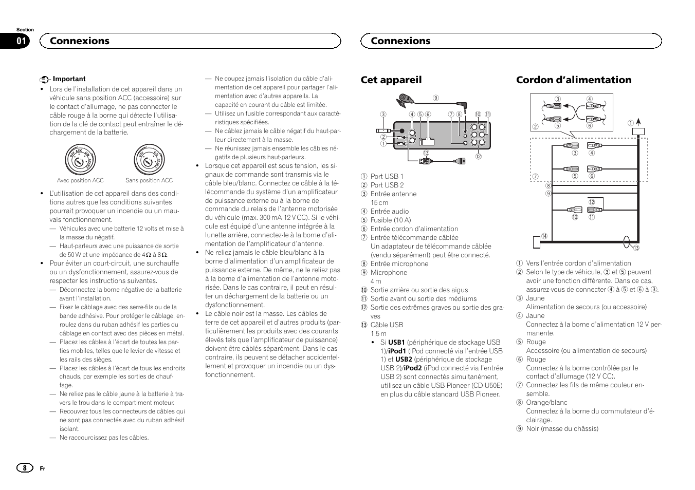 Français, Cet appareil, Cordon d ’alimentation | Connexions | Pioneer DEH-80PRS User Manual | Page 8 / 44