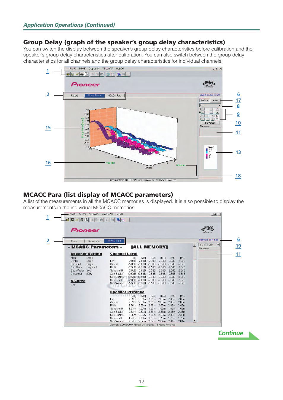 Continue, Mcacc para (list display of mcacc parameters) | Pioneer VSX-LX60 User Manual | Page 12 / 38