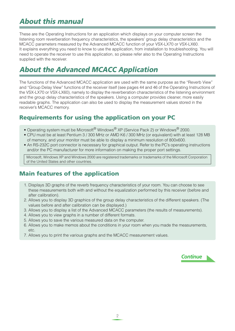 About this manual, About the advanced mcacc application, Requirements for using the application on your pc | Main features of the application, Continue | Pioneer VSX-LX60 User Manual | Page 2 / 38