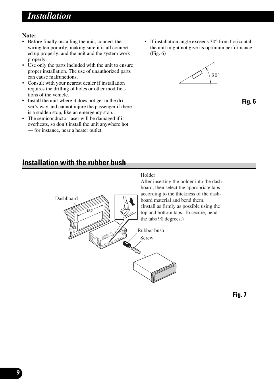 Installation, Installation with the rubber bush | Pioneer MEH-P9100R User Manual | Page 10 / 76