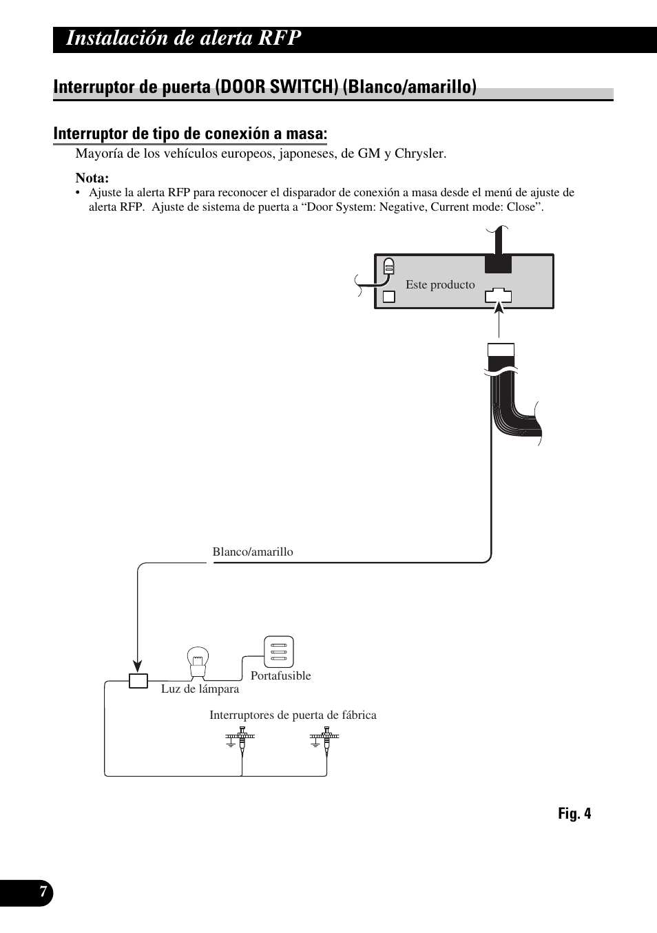 Interruptor de puerta (door switch), Blanco/amarillo), Interruptor de tipo de conexión a masa | Instalación de alerta rfp | Pioneer MEH-P9100R User Manual | Page 20 / 76