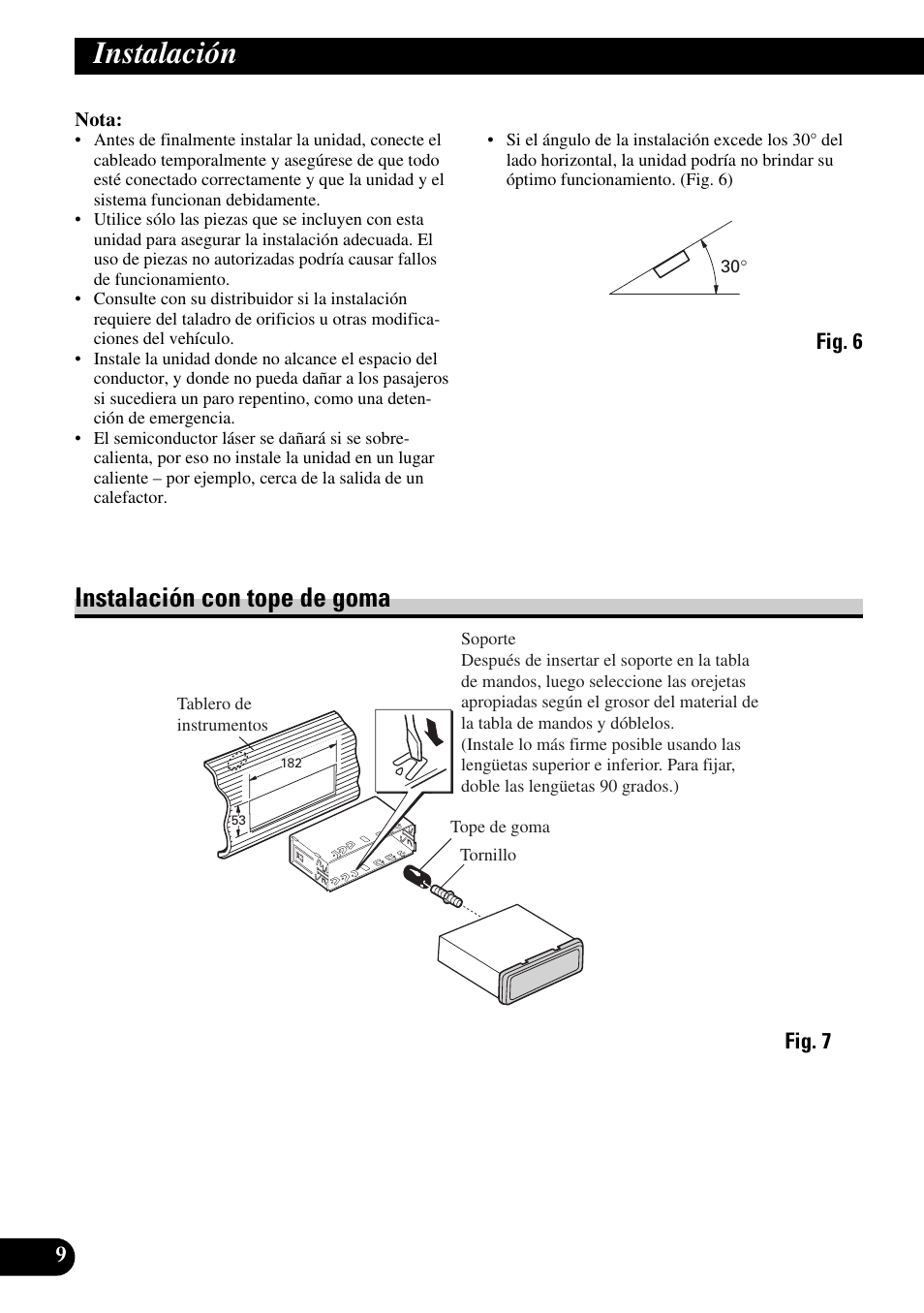 Instalación, Instalación con tope de goma | Pioneer MEH-P9100R User Manual | Page 22 / 76