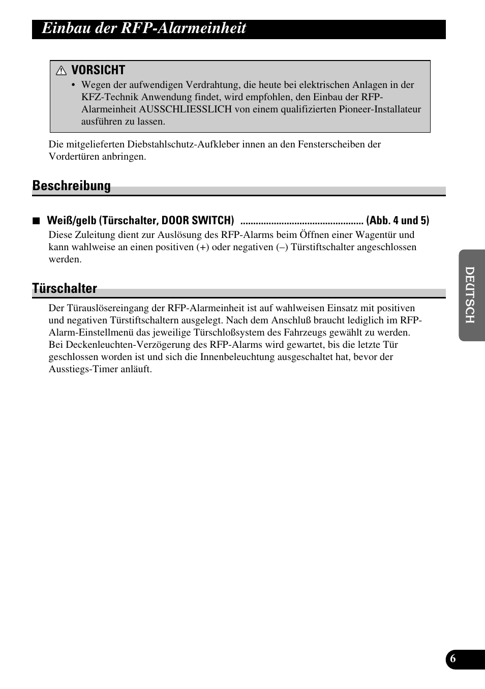 Einbau der rfp-alarmeinheit, Beschreibung türschalter, Beschreibung | Türschalter | Pioneer MEH-P9100R User Manual | Page 31 / 76