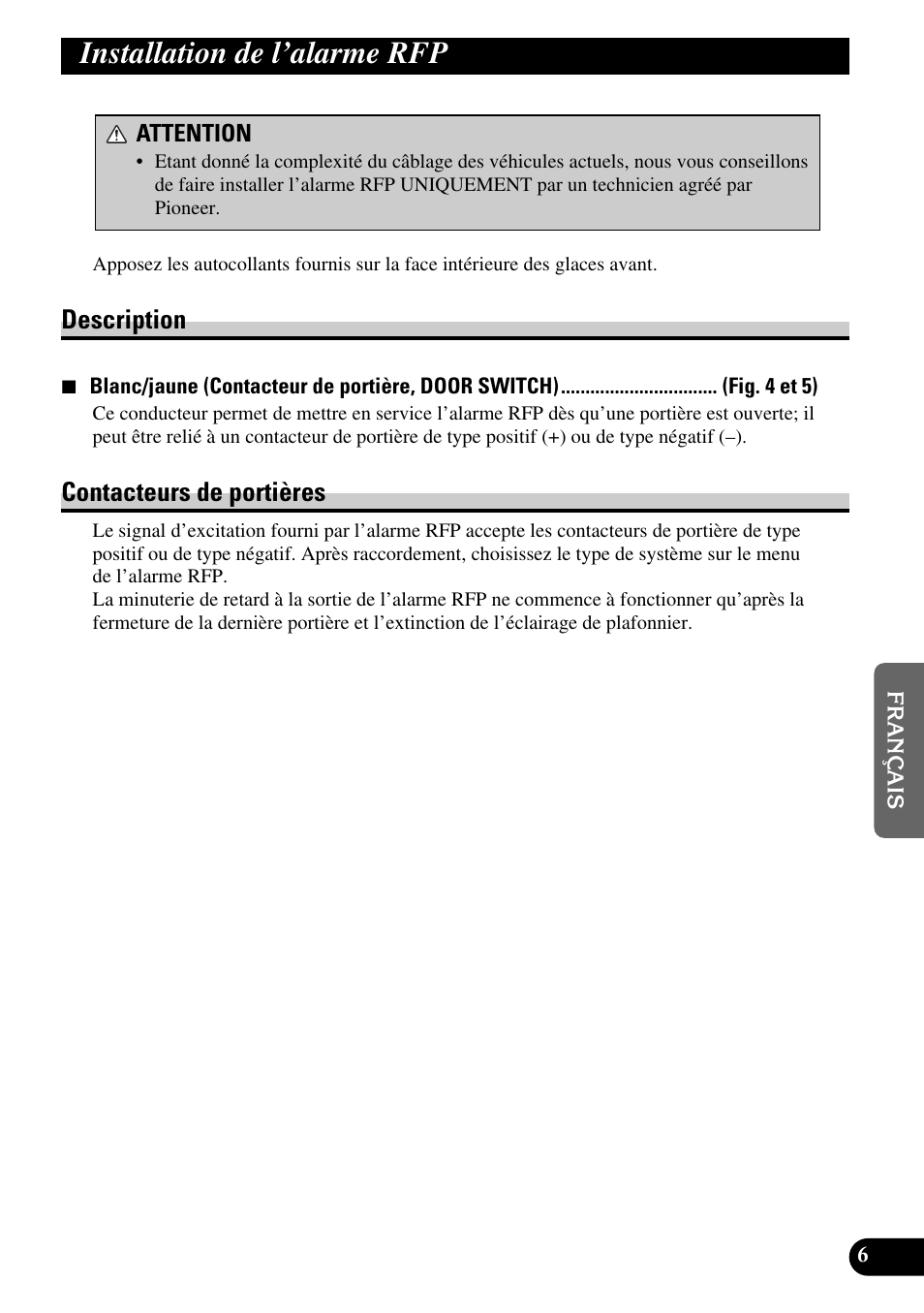 Installation de l’alarme rfp, Description contacteurs de portières, Description | Contacteurs de portières | Pioneer MEH-P9100R User Manual | Page 43 / 76