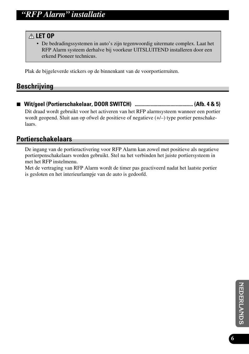 Rfp alarm” installatie, Beschrijving portierschakelaars, Beschrijving | Portierschakelaars | Pioneer MEH-P9100R User Manual | Page 67 / 76