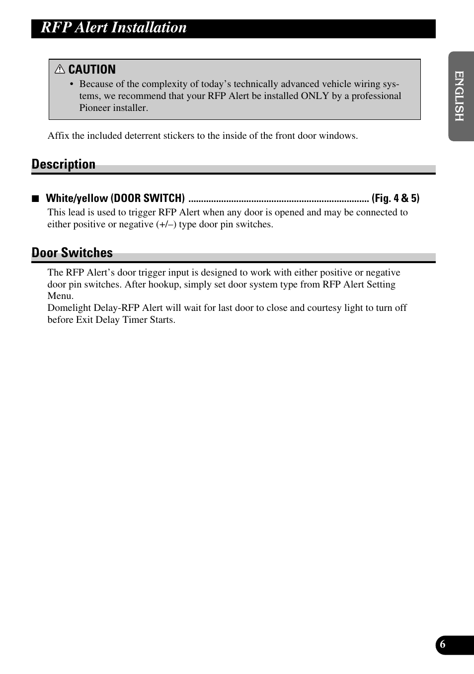 Rfp alert installation, Description door switches, Description | Door switches | Pioneer MEH-P9100R User Manual | Page 7 / 76