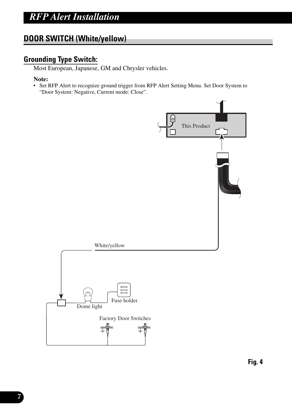 Door switch (white/yellow), Grounding type switch, Rfp alert installation | Pioneer MEH-P9100R User Manual | Page 8 / 76
