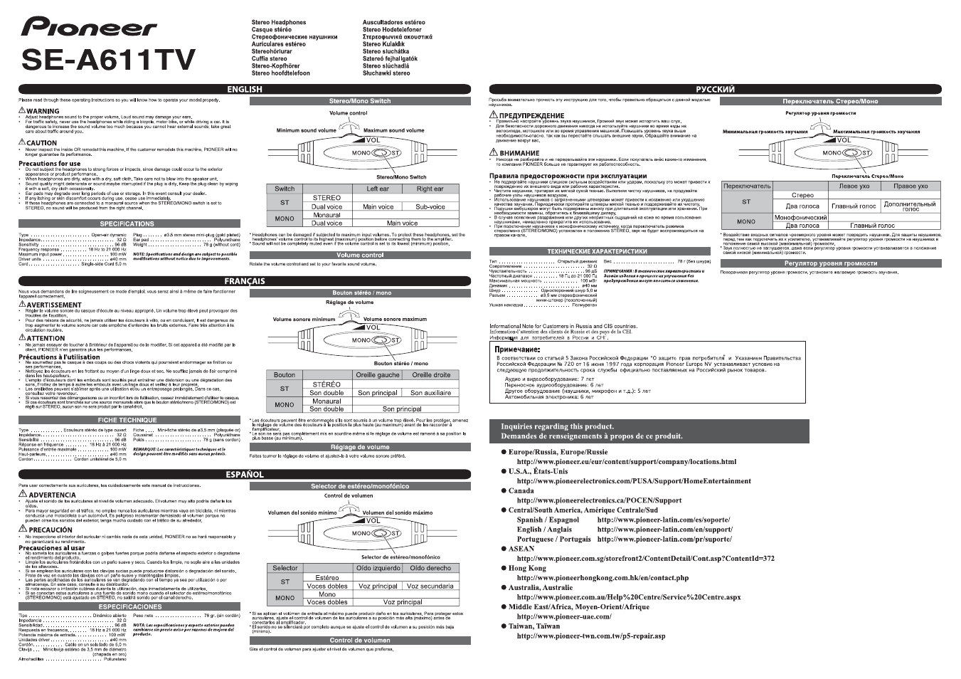 Pioneer SE-A611TV User Manual | 2 pages