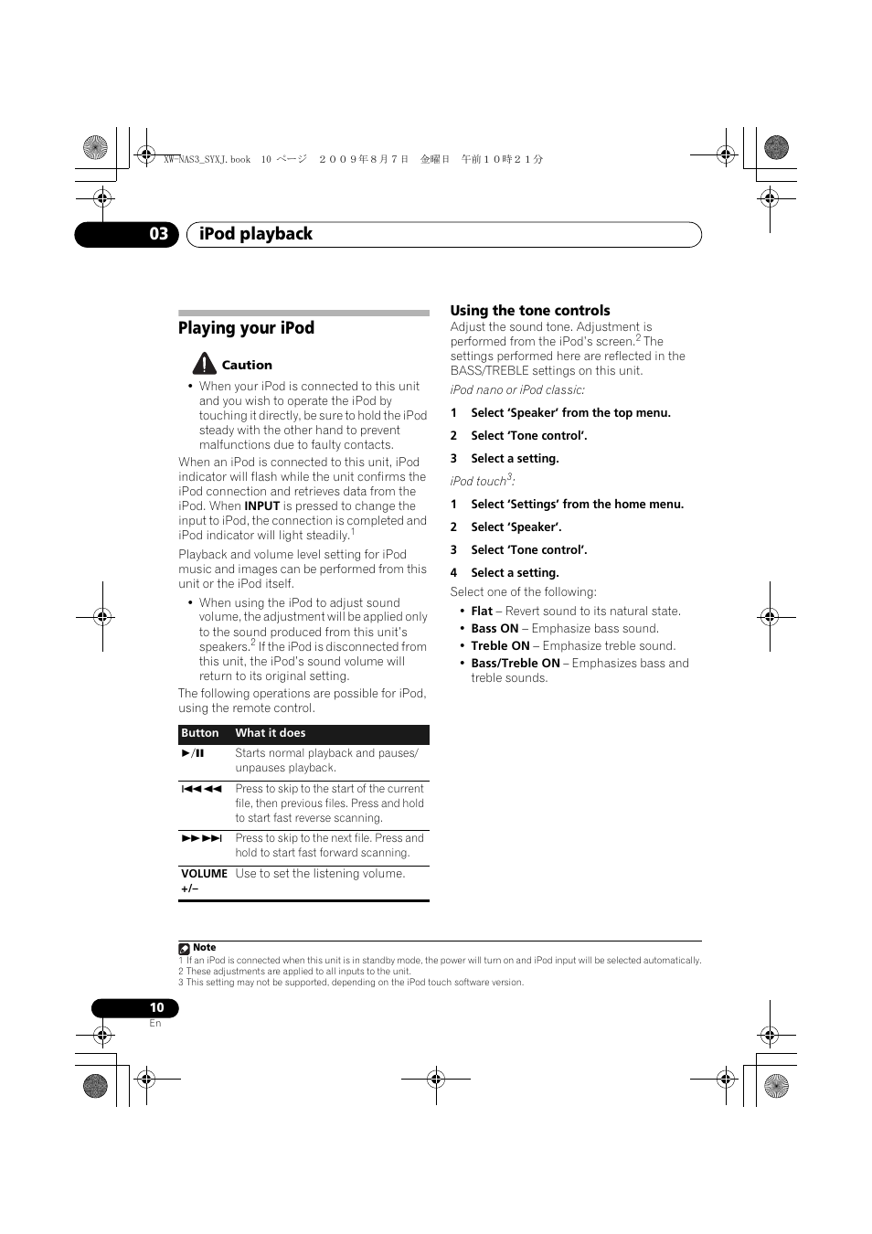 Playing your ipod, Using the tone controls, Ipod playback 03 | Pioneer XW-NAS3 User Manual | Page 10 / 56