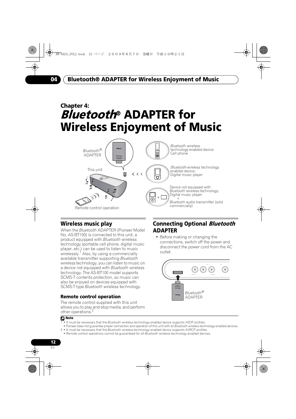 Wireless music play, Remote control operation, Connecting optional bluetooth adapter | Bluetooth, Adapter for wireless enjoyment of music, Chapter 4, Connecting optional, Adapter | Pioneer XW-NAS3 User Manual | Page 12 / 56