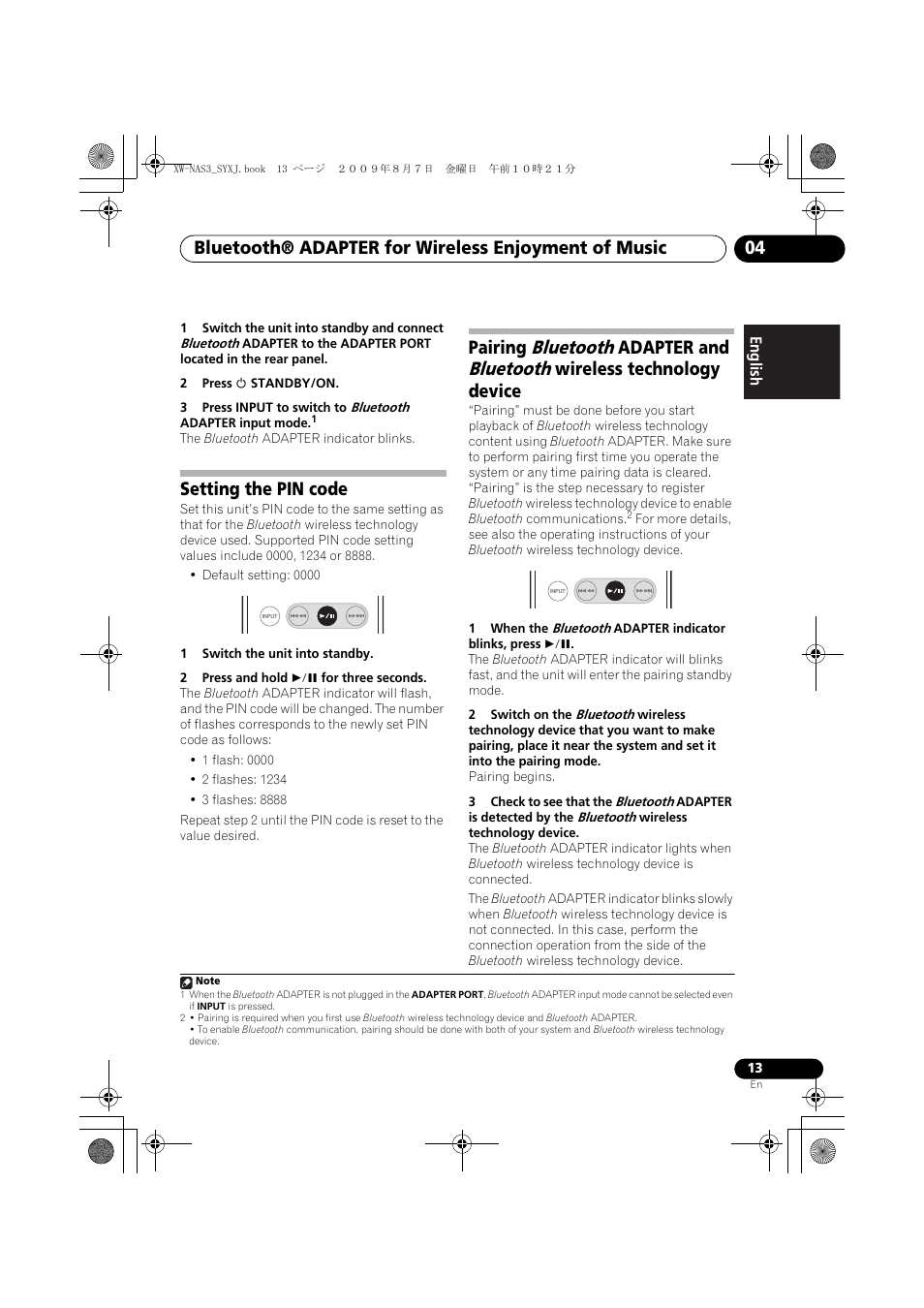 Setting the pin code, Bluetooth, Pairing | Adapter and, Wireless technology device | Pioneer XW-NAS3 User Manual | Page 13 / 56