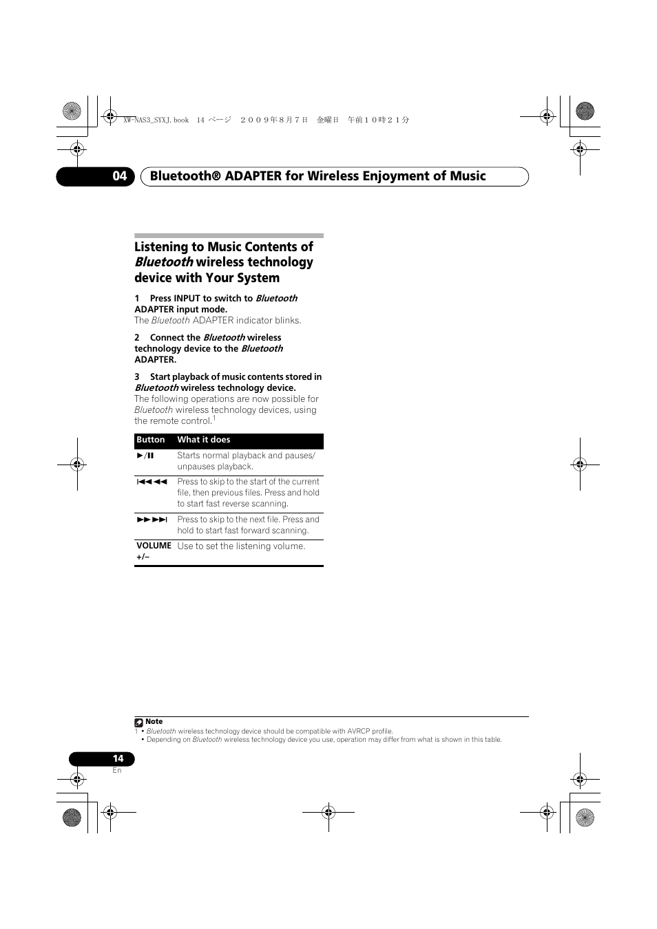 Bluetooth, Listening to music contents of, Wireless technology device with your system | Pioneer XW-NAS3 User Manual | Page 14 / 56