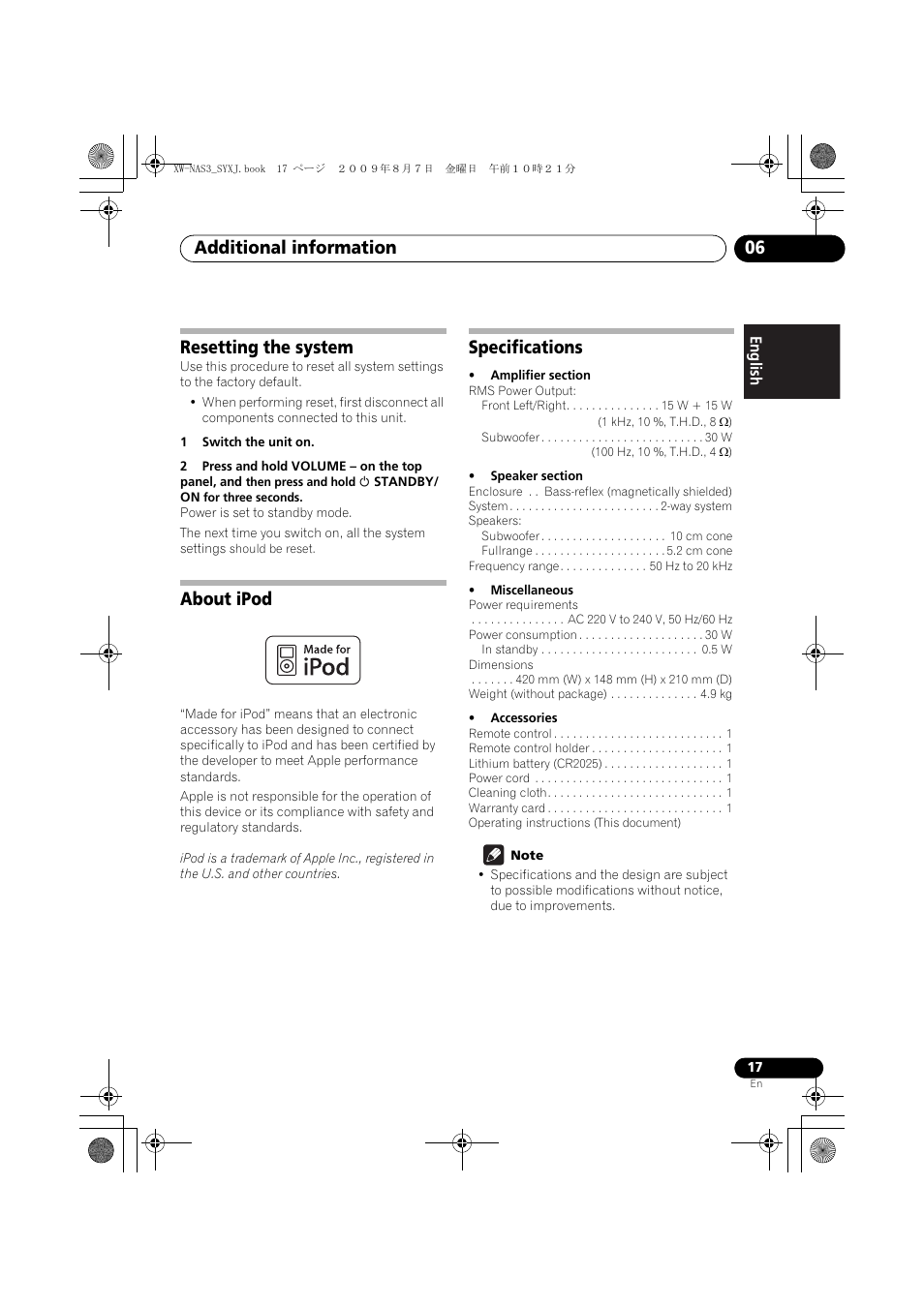 Resetting the system, About ipod, Specifications | Additional information 06 | Pioneer XW-NAS3 User Manual | Page 17 / 56