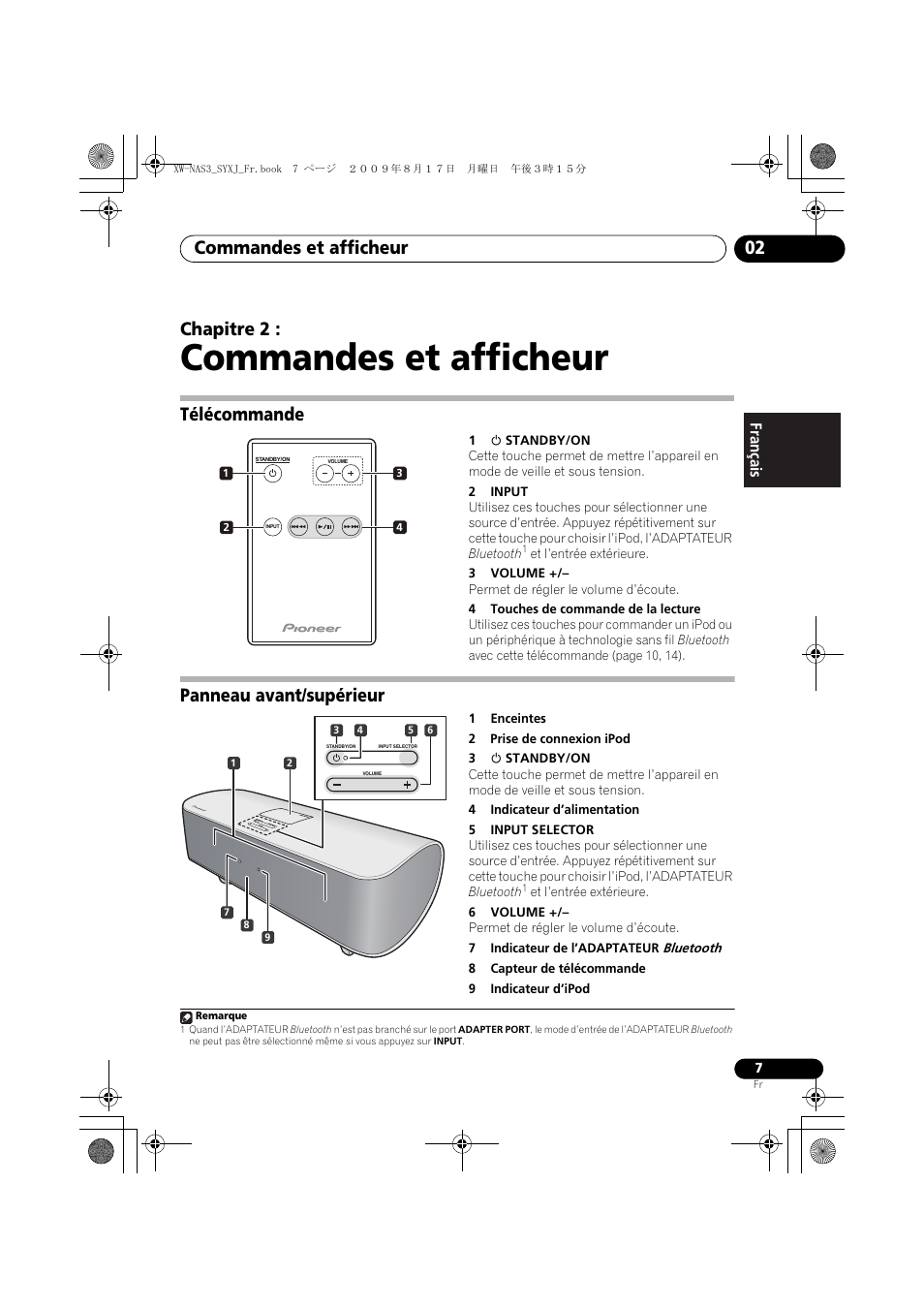 Télécommande, Panneau avant/supérieur, Commandes et afficheur | Commandes et afficheur 02, Chapitre 2, English français español | Pioneer XW-NAS3 User Manual | Page 25 / 56