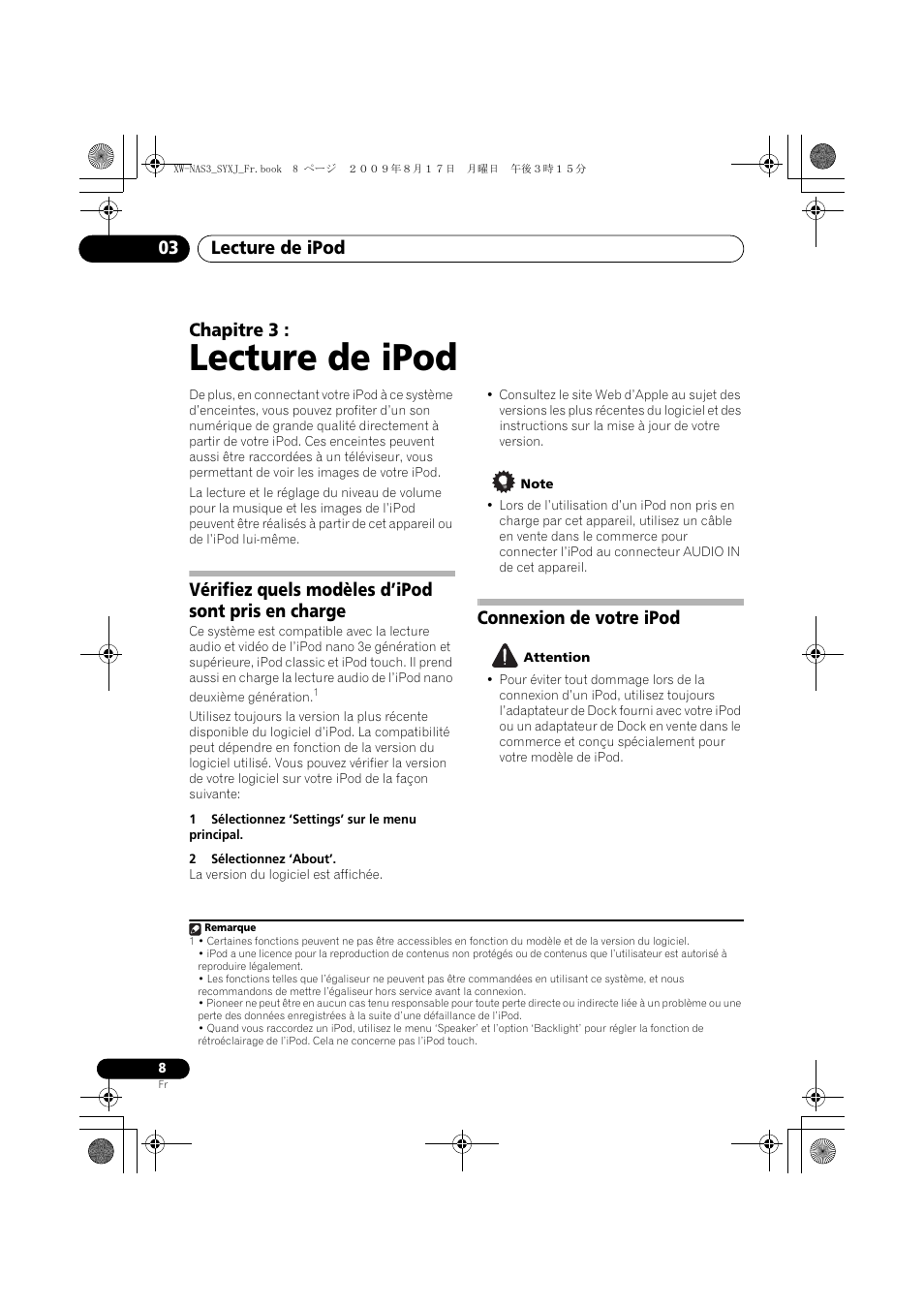 Vérifiez quels modèles d’ipod sont pris en charge, Connexion de votre ipod, Lecture de ipod | Lecture de ipod 03, Chapitre 3 | Pioneer XW-NAS3 User Manual | Page 26 / 56