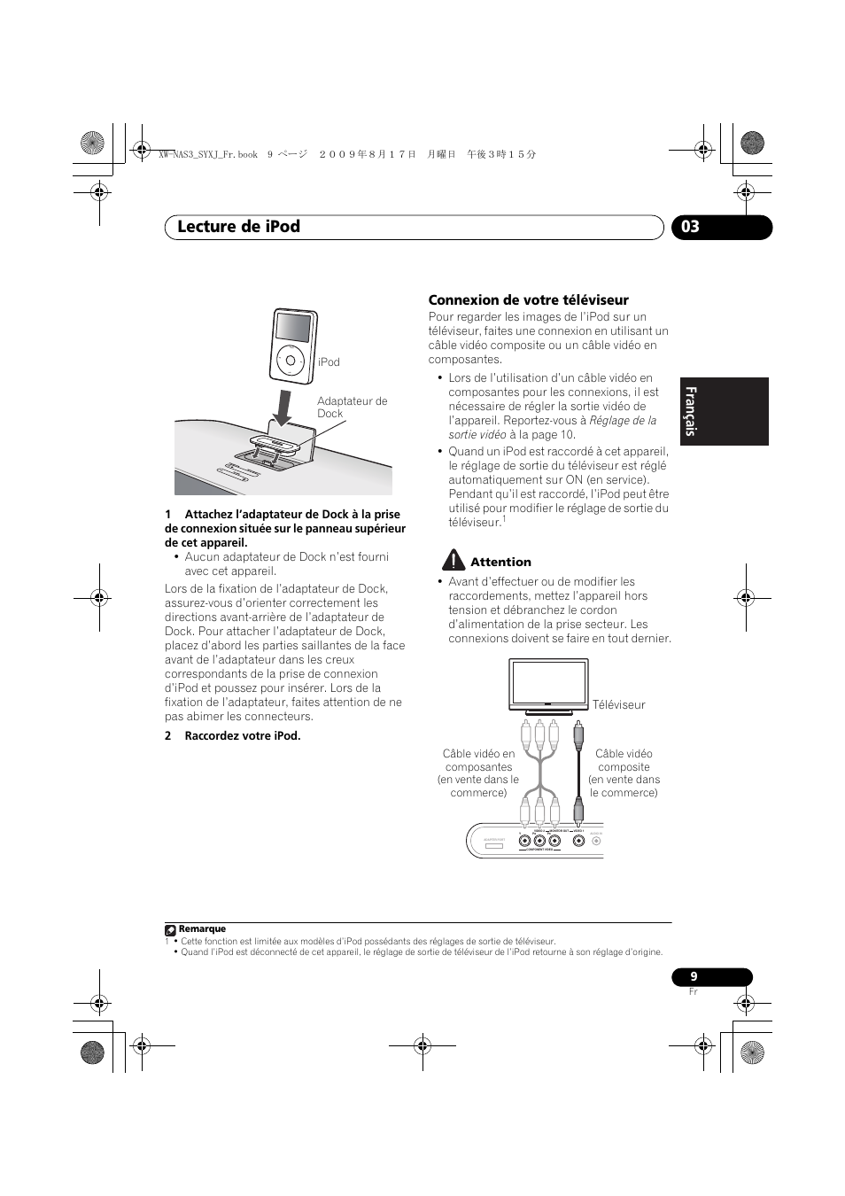 Connexion de votre téléviseur, Lecture de ipod 03, English français español | Pioneer XW-NAS3 User Manual | Page 27 / 56