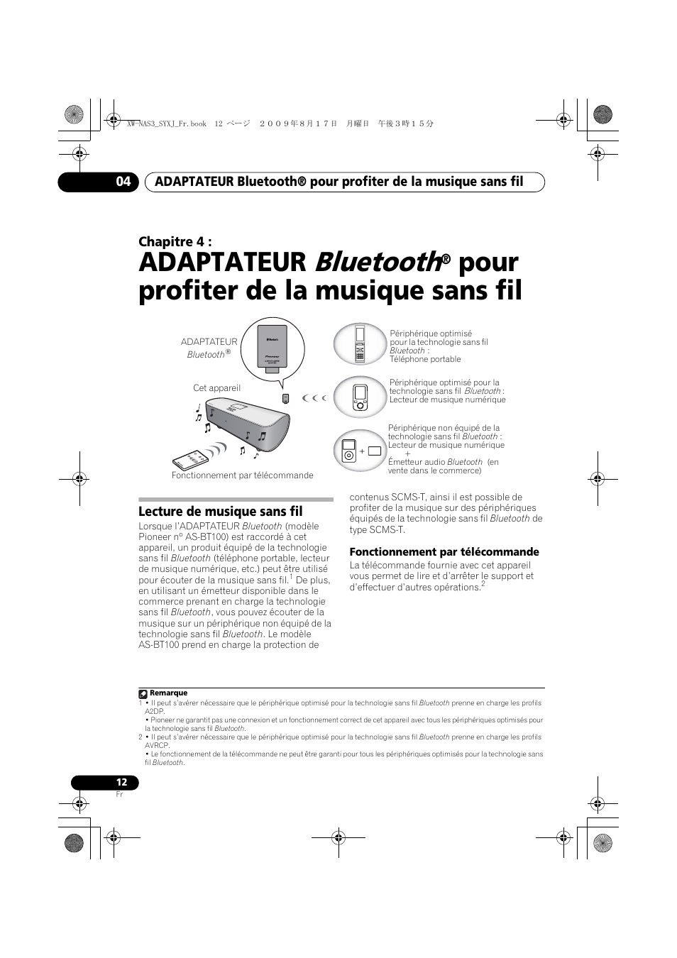 Lecture de musique sans fil, Fonctionnement par télécommande, Bluetooth | Adaptateur, Pour profiter de la musique sans fil, Chapitre 4 | Pioneer XW-NAS3 User Manual | Page 30 / 56