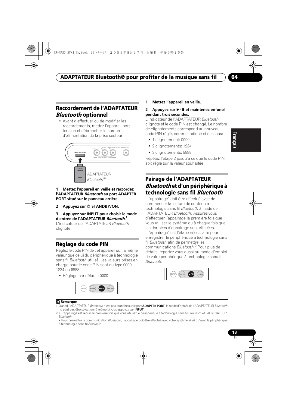 Raccordement de l’adaptateur bluetooth optionnel, Réglage du code pin, Bluetooth | Raccordement de l’adaptateur, Optionnel, Pairage de l’adaptateur, Et d’un périphérique à technologie sans fil, English français español | Pioneer XW-NAS3 User Manual | Page 31 / 56
