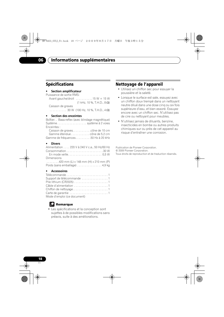 Spécifications, Nettoyage de l’appareil, Informations supplémentaires 06 | Pioneer XW-NAS3 User Manual | Page 36 / 56