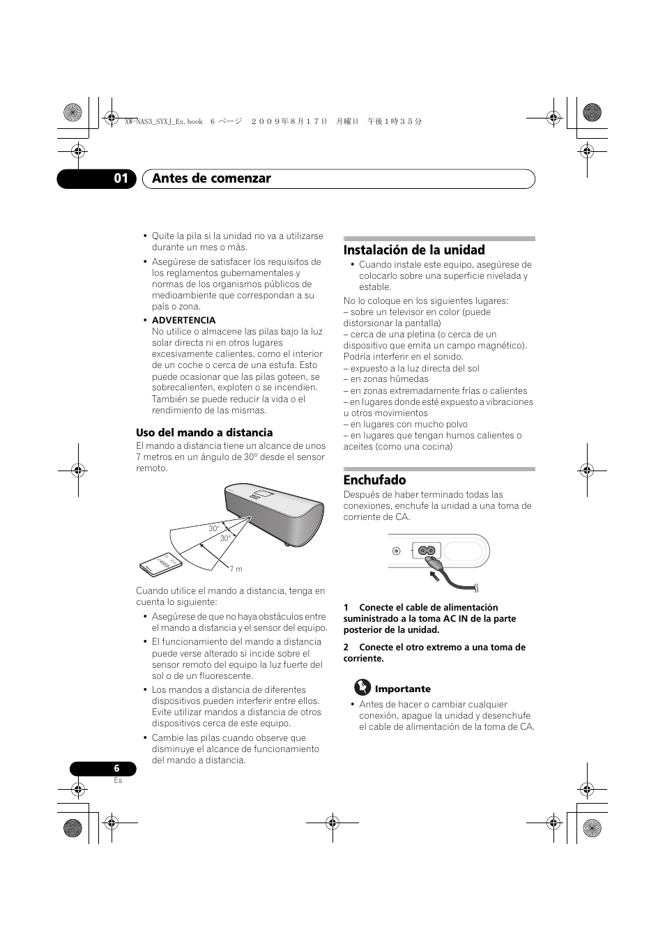 Uso del mando a distancia, Instalación de la unidad, Enchufado | Antes de comenzar 01 | Pioneer XW-NAS3 User Manual | Page 42 / 56