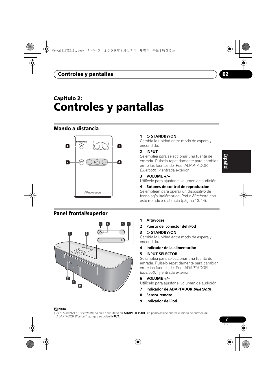 Mando a distancia, Panel frontal/superior, Controles y pantallas | Controles y pantallas 02, Capítulo 2, English français español | Pioneer XW-NAS3 User Manual | Page 43 / 56