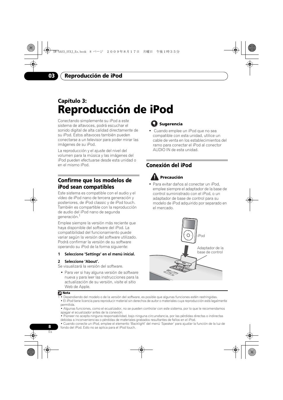 Confirme que los modelos de ipod sean compatibles, Conexión del ipod, Reproducción de ipod | Reproducción de ipod 03, Capítulo 3 | Pioneer XW-NAS3 User Manual | Page 44 / 56