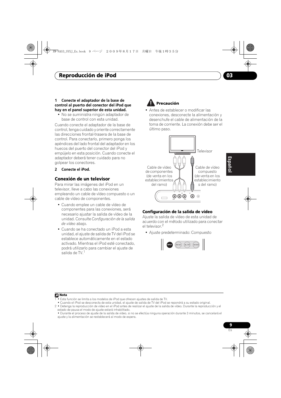 Conexión de un televisor, Reproducción de ipod 03, English français español | Pioneer XW-NAS3 User Manual | Page 45 / 56