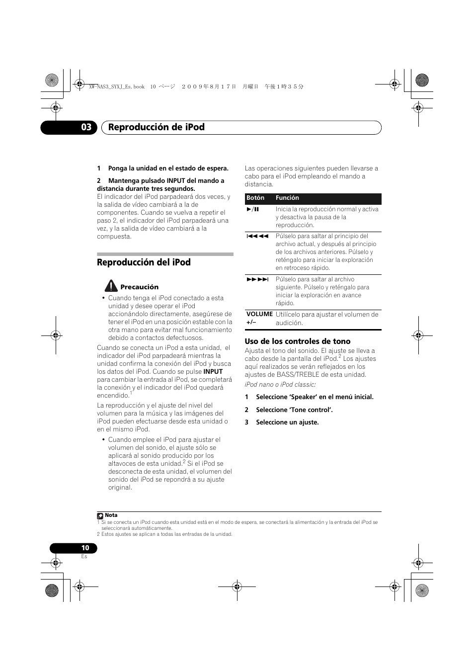 Reproducción del ipod, Uso de los controles de tono, Reproducción de ipod 03 | Pioneer XW-NAS3 User Manual | Page 46 / 56